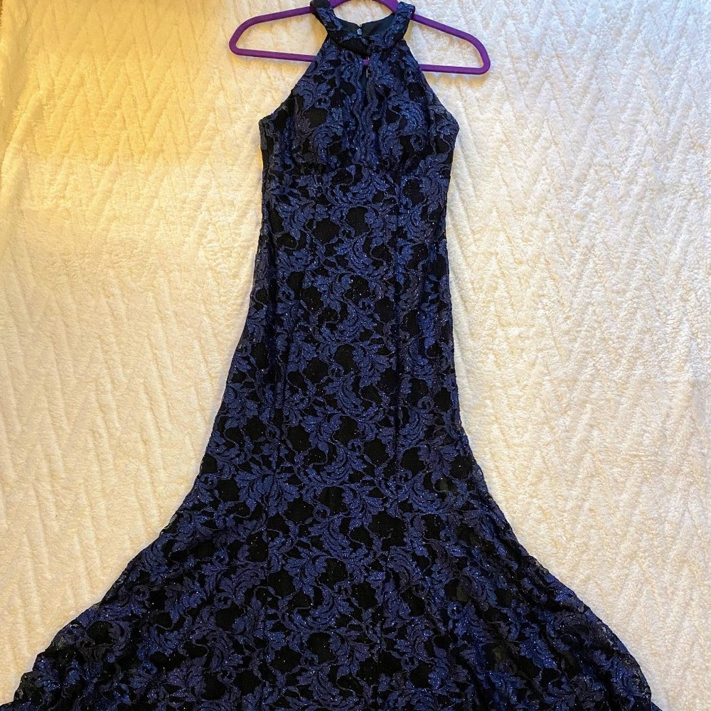 Black and Blue Sequined Mermaid Evening Gown